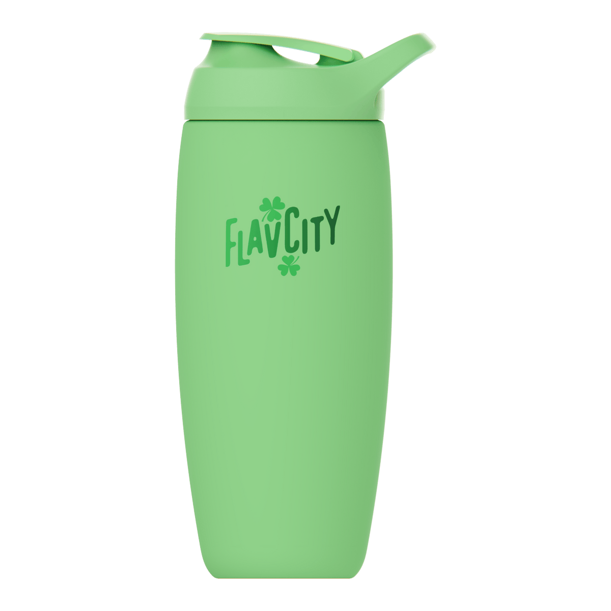 A green Shop FlavCity Shaker Bottle with insulation, flip-top lid, and ‘FLAVCITY’ printed on the front in dark green with clover designs—ideal for smooth, lump-free shakes.