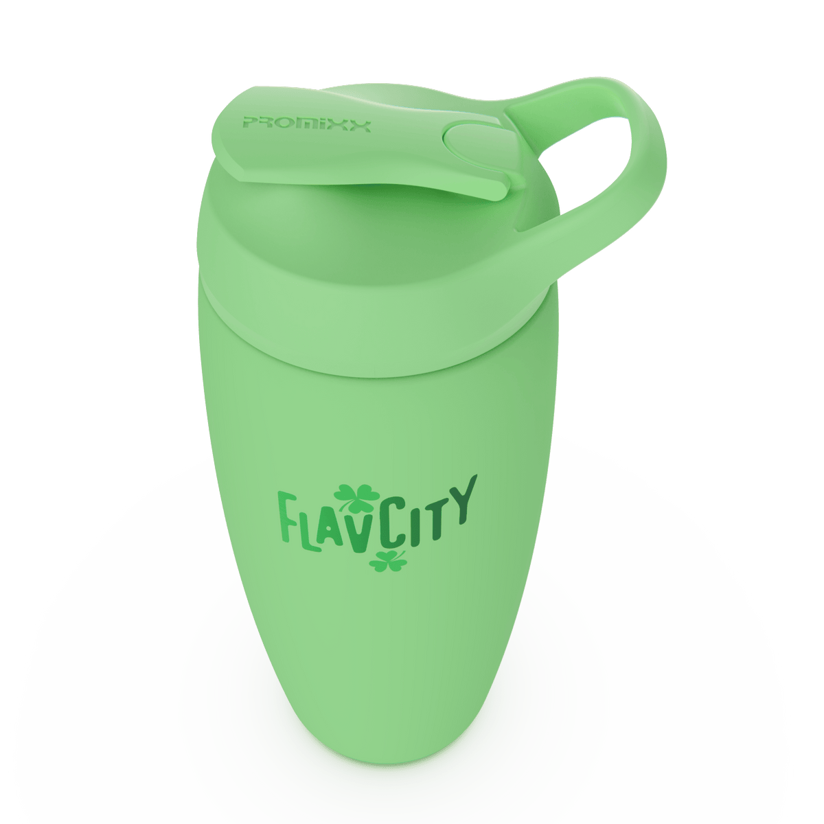 Shop FlavCity’s Shaker Bottle is a green insulated bottle with a flip-top lid and handle, featuring the FLAVCITY logo in stylized letters with leaf accents—ideal for mixing smooth shakes anywhere.