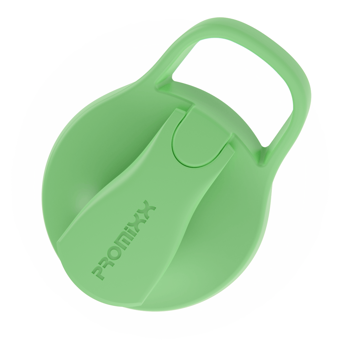 A green Shop FlavCity Shaker Bottle lid with flip-top spout and built-in handle, designed for smooth, lump-free shakes, shown on a white background.