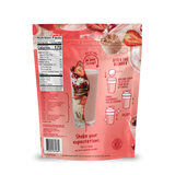 Back of a FlavCity Berries & Cream Protein Smoothie pouch showing the nutrition facts, ingredients, and illustrated mixing instructions for this grass-fed whey and collagen blend.