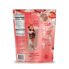 Back of a FlavCity Berries & Cream Protein Smoothie pouch showing the nutrition facts, ingredients, and illustrated mixing instructions for this grass-fed whey and collagen blend.