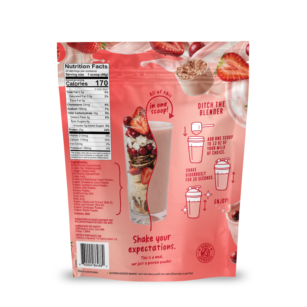 Back of a FlavCity Berries & Cream Protein Smoothie pouch showing the nutrition facts, ingredients, and illustrated mixing instructions for this grass-fed whey and collagen blend.