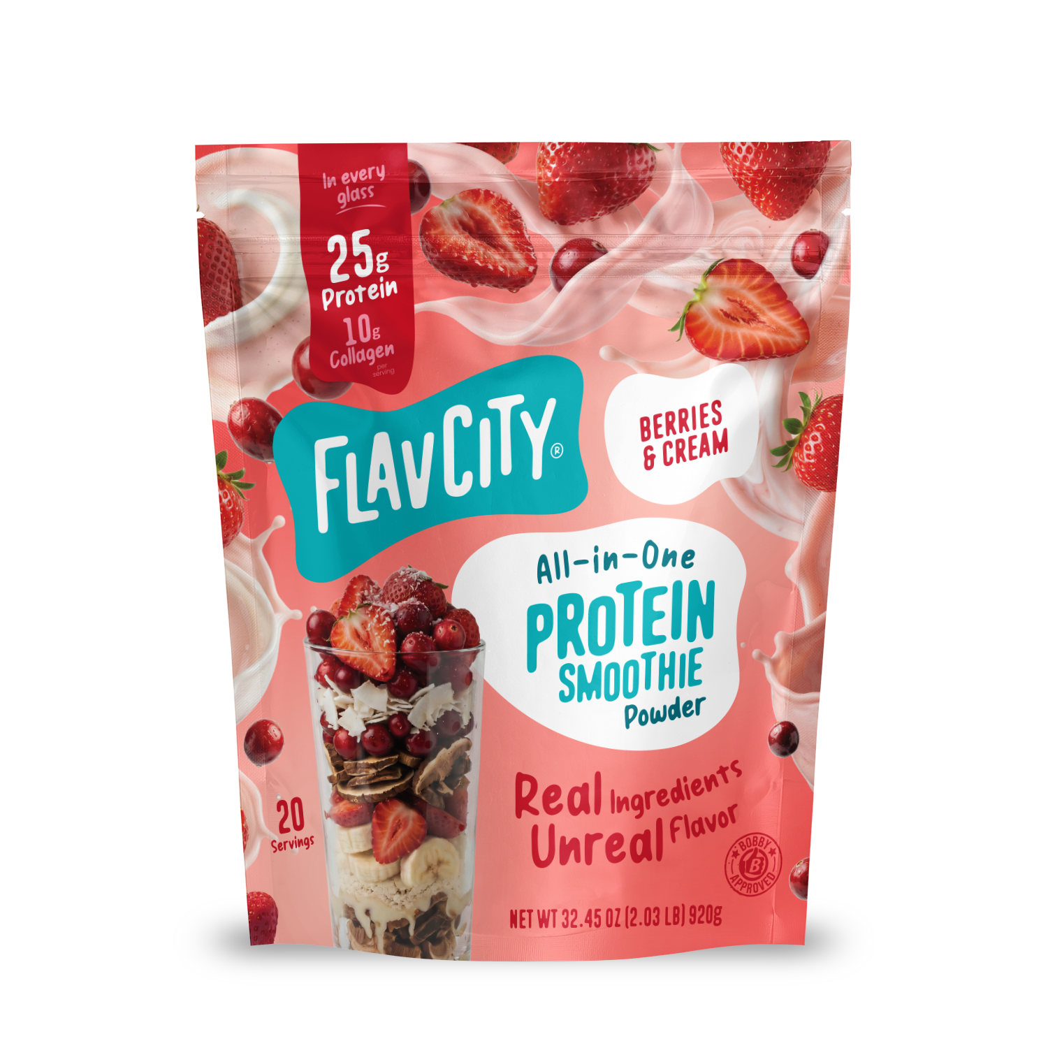 A pouch of Shop FlavCity Berries & Cream Protein Smoothie powder next to a glass filled with the mix, surrounded by splashing milk, fresh strawberries, and collagen.