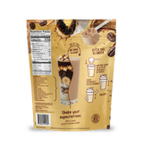 Back of a Shop FlavCity Butter Coffee Protein Smoothie pouch featuring a nutrition facts panel, an illustration of a smoothie with coffee and banana, and mixing instructions.