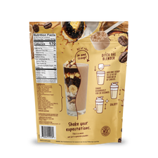 Back of a Shop FlavCity Butter Coffee Protein Smoothie pouch featuring a nutrition facts panel, an illustration of a smoothie with coffee and banana, and mixing instructions.