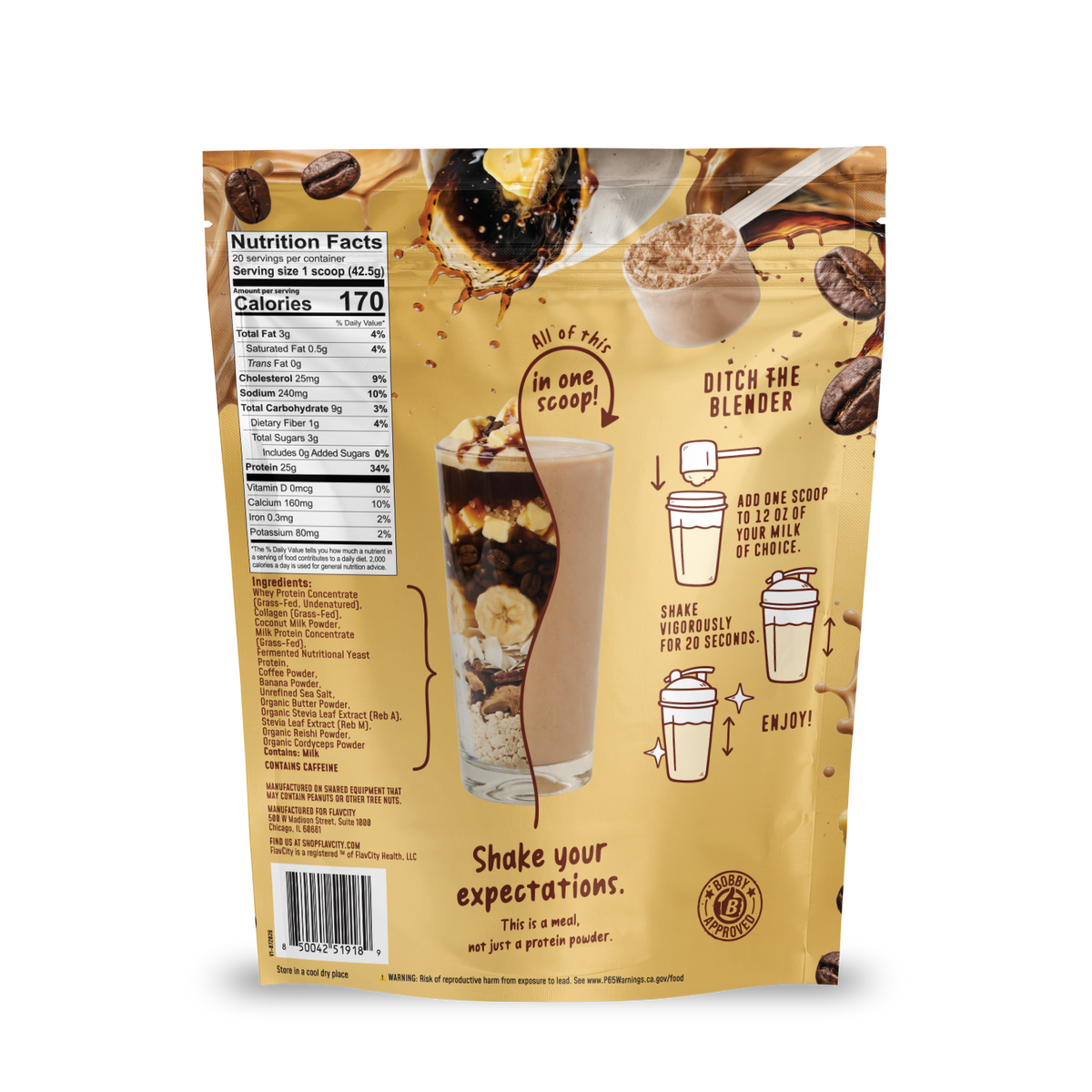 Back of a Shop FlavCity Butter Coffee Protein Smoothie pouch featuring a nutrition facts panel, an illustration of a smoothie with coffee and banana, and mixing instructions.