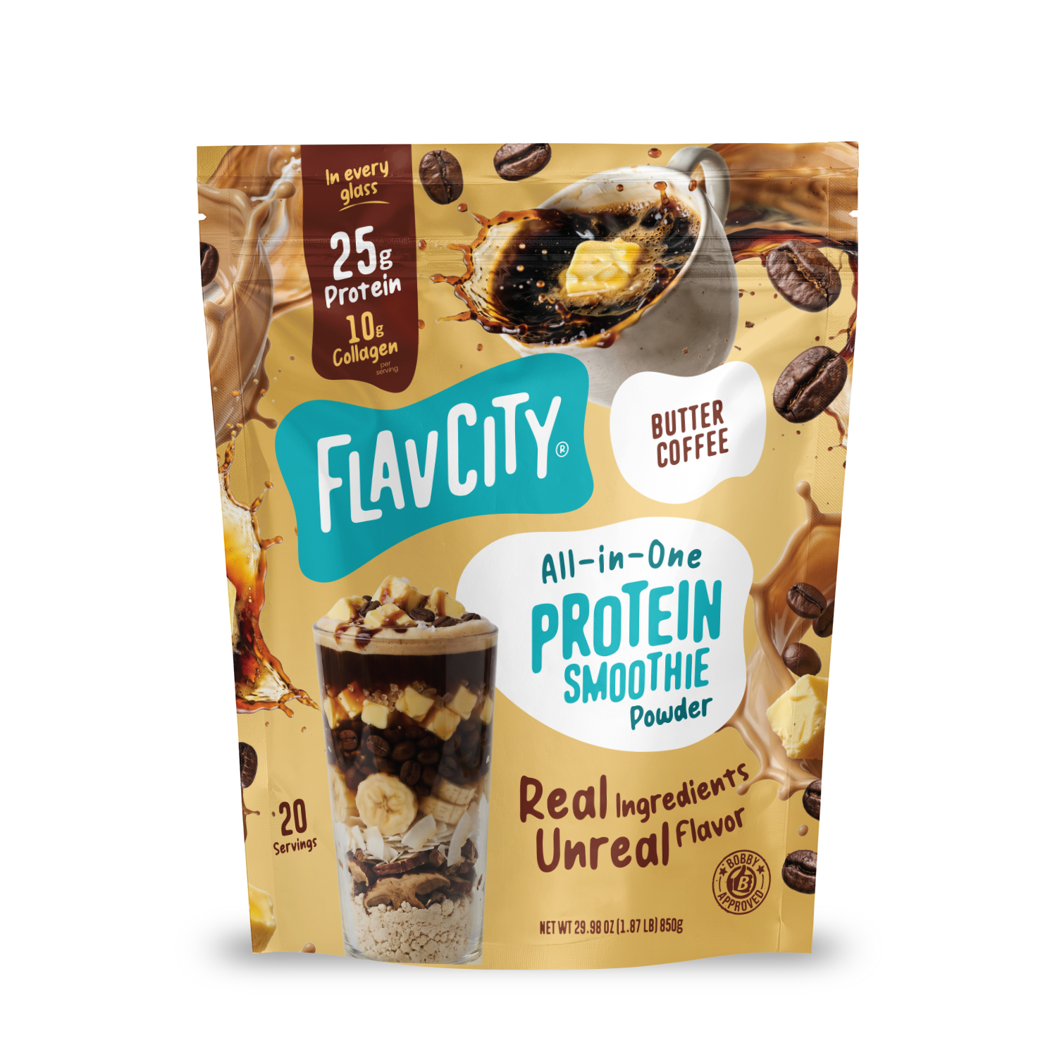 A Shop FlavCity Butter Coffee Protein Smoothie pouch featuring images of coffee, butter, and a glass layered with banana slices and chocolate chunks, formulated with grass-fed whey.