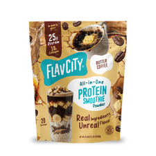 A Shop FlavCity Butter Coffee Protein Smoothie pouch featuring images of coffee, butter, and a glass layered with banana slices and chocolate chunks, formulated with grass-fed whey.