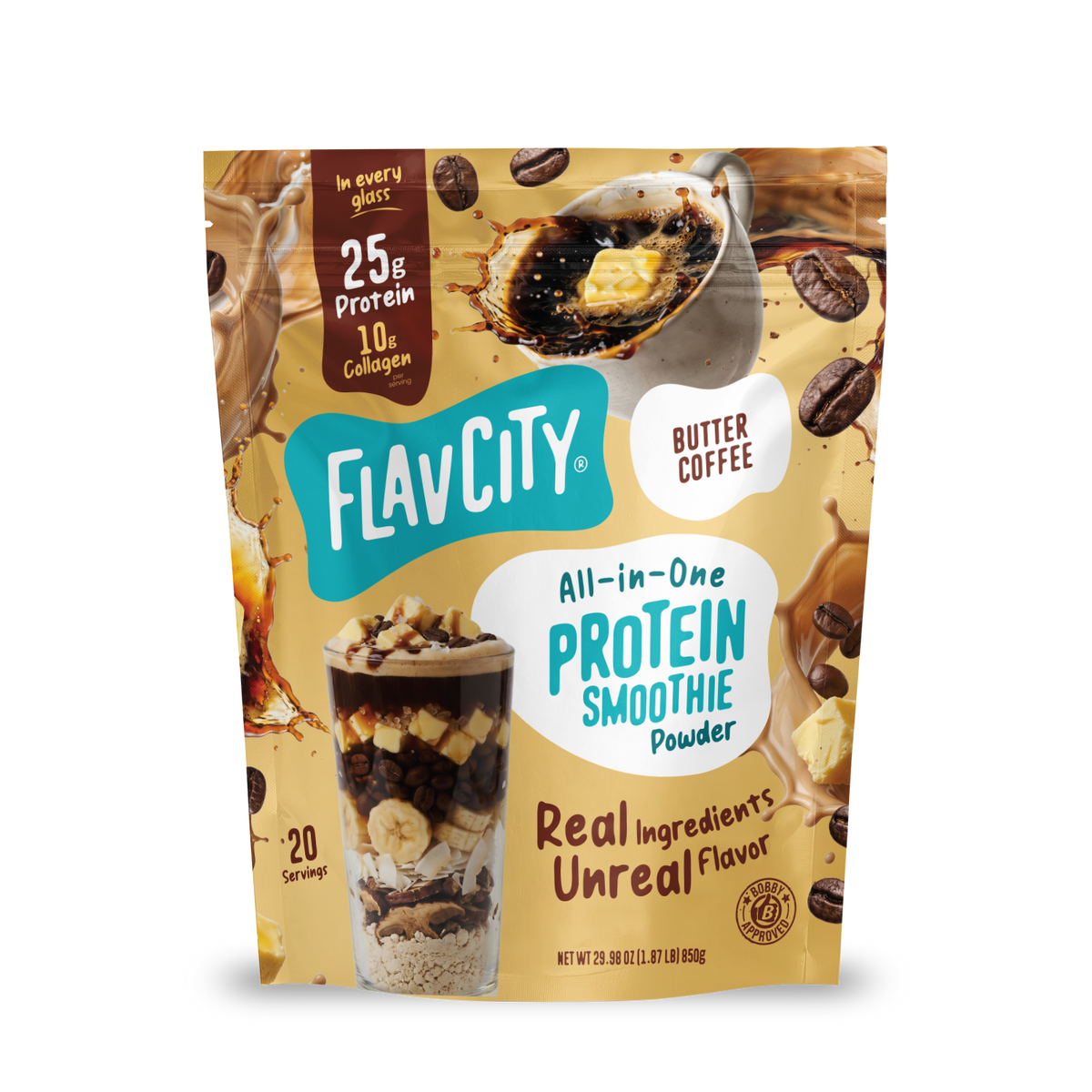 A Shop FlavCity Butter Coffee Protein Smoothie pouch featuring images of coffee, butter, and a glass layered with banana slices and chocolate chunks, formulated with grass-fed whey.