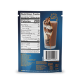 Back of a single-serve Shop FlavCity Protein Smoothie Single-Serve Chocolate packet, featuring a Nutrition Facts label, ingredient list, barcode, and instructions to shake with liquid for a chocolate protein smoothie.