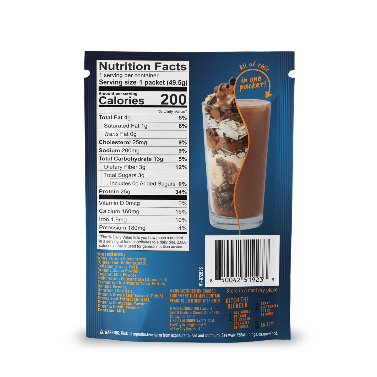 Back of a single-serve Shop FlavCity Protein Smoothie Single-Serve Chocolate packet, featuring a Nutrition Facts label, ingredient list, barcode, and instructions to shake with liquid for a chocolate protein smoothie.