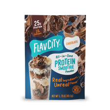 A single-serve packet of FlavCity Protein Smoothie Single-Serve Chocolate featuring images of chocolate chunks and a glass of smoothie layered with banana slices and chocolate shavings.
