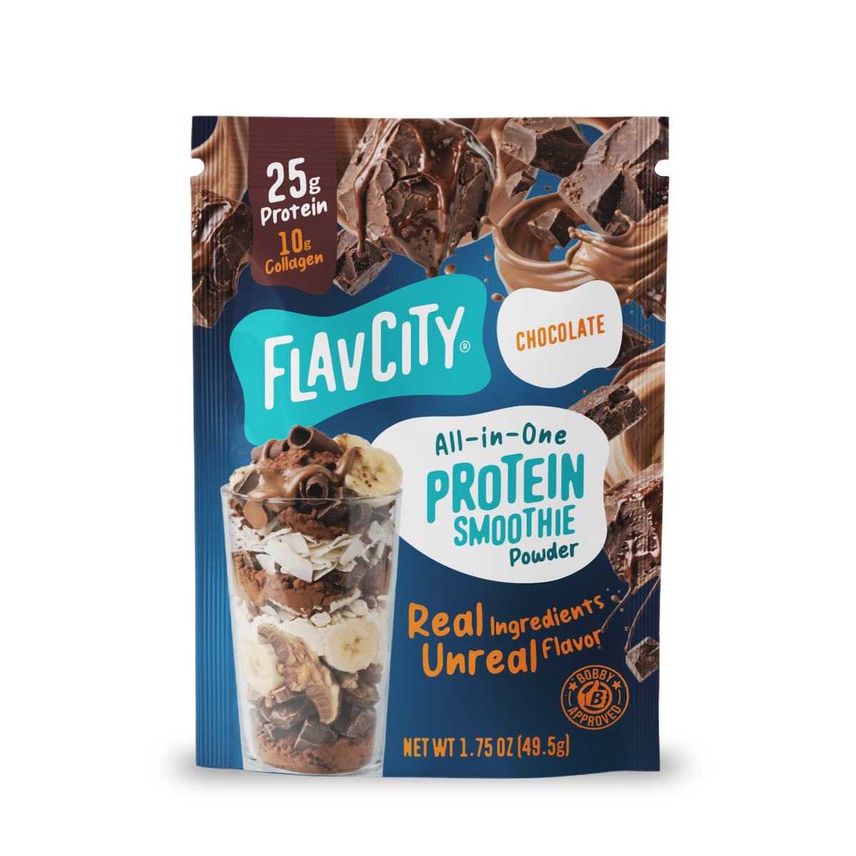 A single-serve packet of FlavCity Protein Smoothie Single-Serve Chocolate featuring images of chocolate chunks and a glass of smoothie layered with banana slices and chocolate shavings.