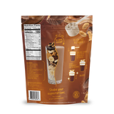 Back of a Chocolate Peanut Butter Protein Smoothie pouch showing a nutrition facts label, ingredient list, and illustrated instructions for mixing the powder with milk in a shaker cup.