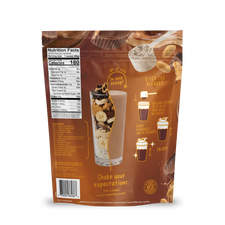 Back of a Chocolate Peanut Butter Protein Smoothie pouch showing a nutrition facts label, ingredient list, and illustrated instructions for mixing the powder with milk in a shaker cup.
