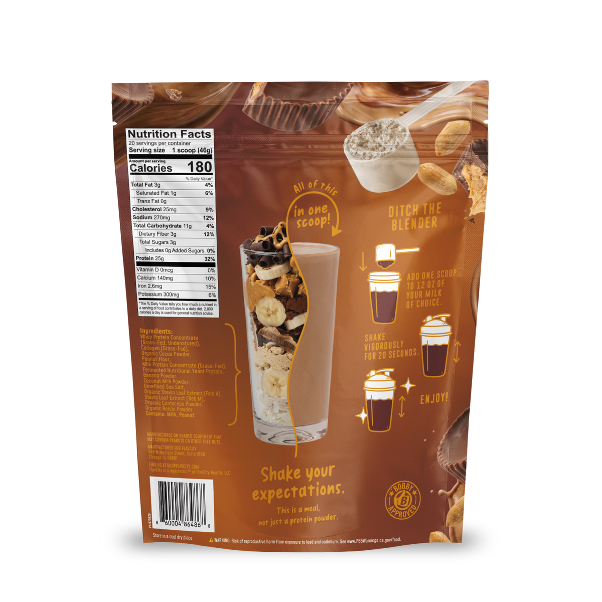 Back of a Chocolate Peanut Butter Protein Smoothie pouch showing a nutrition facts label, ingredient list, and illustrated instructions for mixing the powder with milk in a shaker cup.