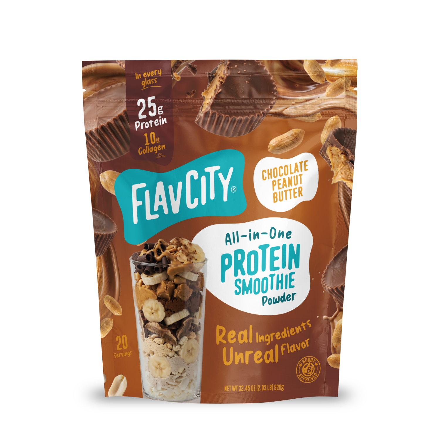 A stand-up pouch of Shop FlavCity Chocolate Peanut Butter Protein Smoothie powder next to a glass filled with a smoothie topped with banana slices, nuts, and chocolate shavings.