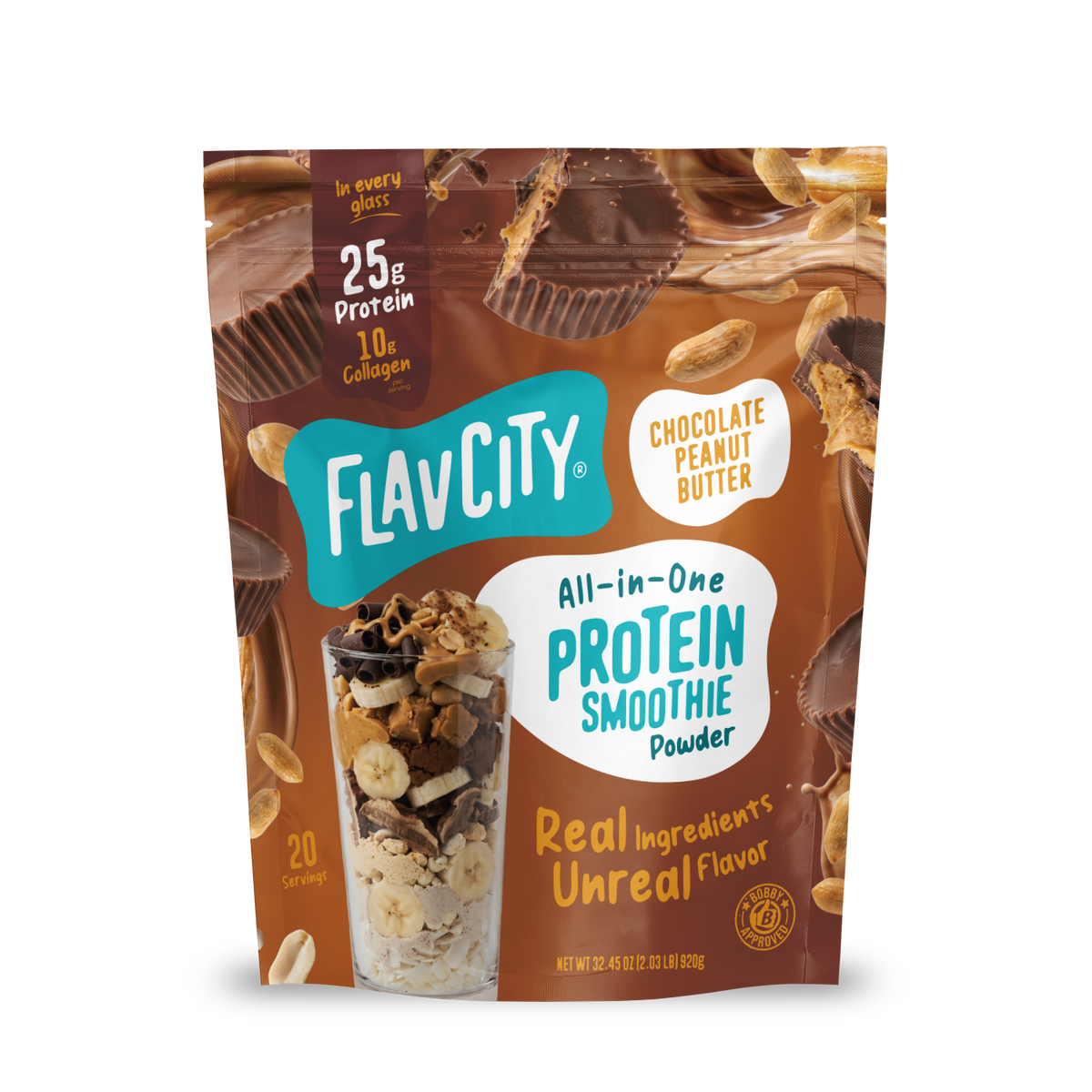 A stand-up pouch of Shop FlavCity Chocolate Peanut Butter Protein Smoothie powder next to a glass filled with a smoothie topped with banana slices, nuts, and chocolate shavings.