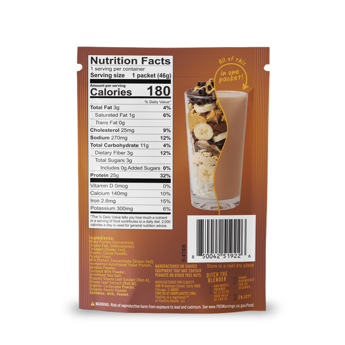 Single-serve Shop FlavCity Protein Smoothie Single-Serve Chocolate Peanut Butter packet displaying a nutrition facts label, an ingredient list, a barcode, and a picture of the smoothie.
