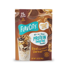 A Shop FlavCity Protein Smoothie Single-Serve Chocolate Peanut Butter pouch showing a glass filled with protein powder, banana slices, and peanut butter, topped with a chocolate peanut butter cup.