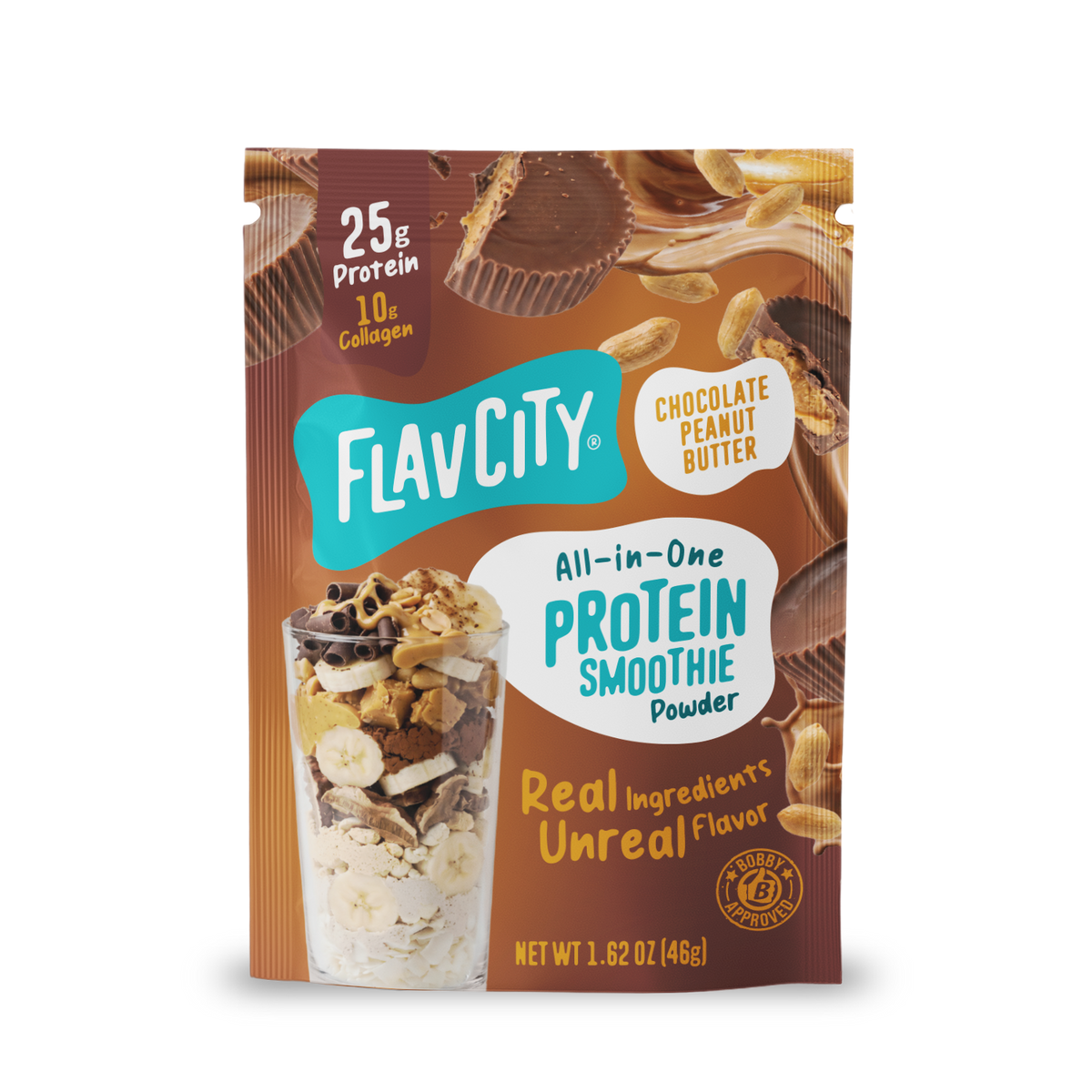 A Shop FlavCity Protein Smoothie Single-Serve Chocolate Peanut Butter pouch showing a glass filled with protein powder, banana slices, and peanut butter, topped with a chocolate peanut butter cup.