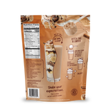 Back of a Shop FlavCity Cinnamon Roll Protein Smoothie pouch showing the nutrition facts, ingredient list, and an illustrated guide for mixing collagen powder in a shaker bottle.