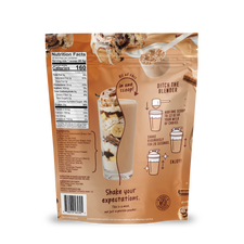 Back of a Shop FlavCity Cinnamon Roll Protein Smoothie pouch showing the nutrition facts, ingredient list, and an illustrated guide for mixing collagen powder in a shaker bottle.