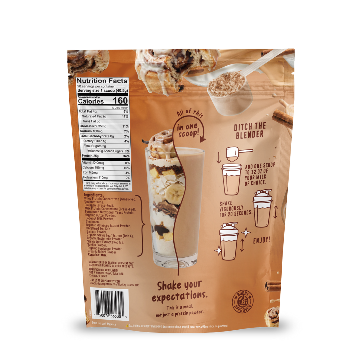 Back of a Shop FlavCity Cinnamon Roll Protein Smoothie pouch showing the nutrition facts, ingredient list, and an illustrated guide for mixing collagen powder in a shaker bottle.