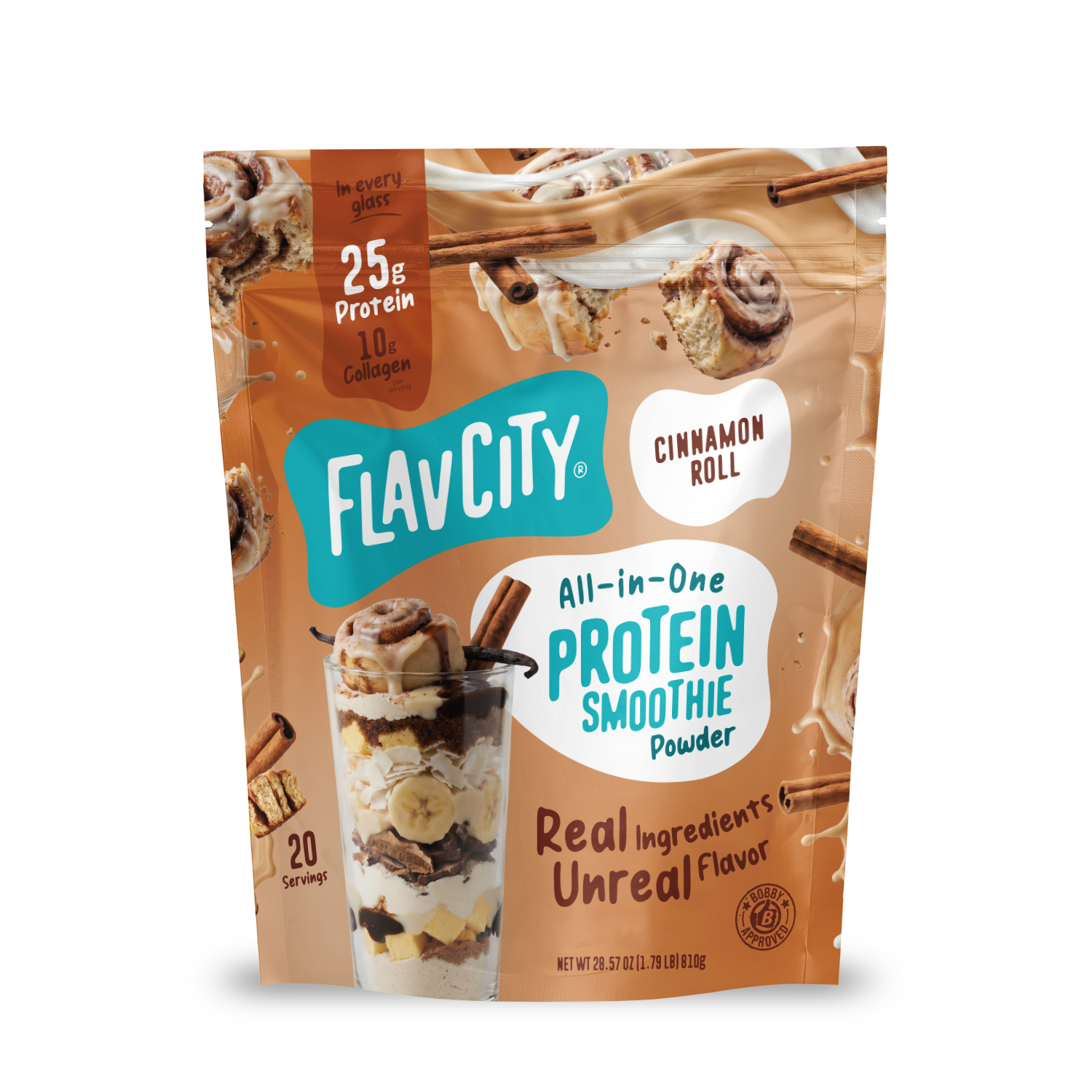 Pouch of FlavCity Cinnamon Roll Protein Smoothie featuring images of a cinnamon roll, cinnamon sticks, and a glass layered with banana slices and smoothie mix.