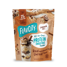 Pouch of FlavCity Cinnamon Roll Protein Smoothie featuring images of a cinnamon roll, cinnamon sticks, and a glass layered with banana slices and smoothie mix.