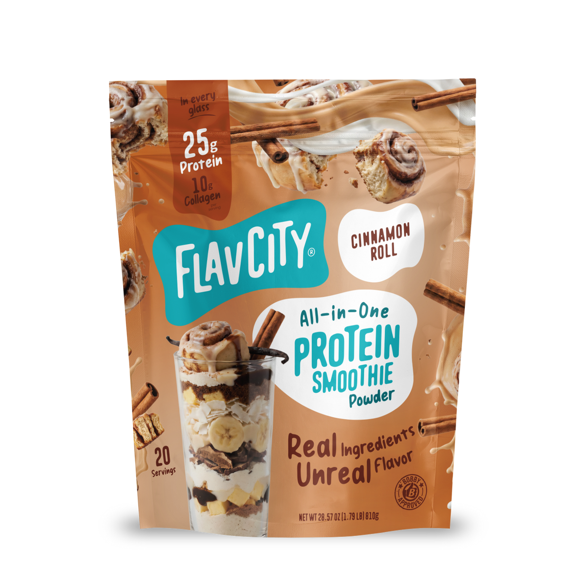 Pouch of FlavCity Cinnamon Roll Protein Smoothie featuring images of a cinnamon roll, cinnamon sticks, and a glass layered with banana slices and smoothie mix.
