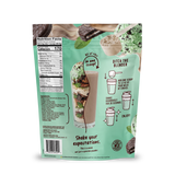 Back of a Shop FlavCity Mint Chocolate Protein Smoothie pouch featuring a nutrition facts label, ingredient list, and illustrated mixing instructions.