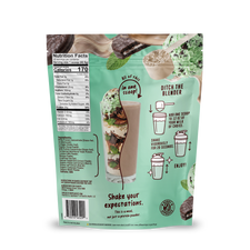 Back of a Shop FlavCity Mint Chocolate Protein Smoothie pouch featuring a nutrition facts label, ingredient list, and illustrated mixing instructions.