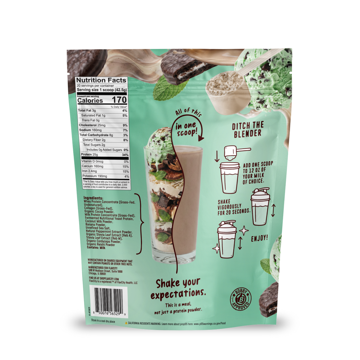 Back of a Shop FlavCity Mint Chocolate Protein Smoothie pouch featuring a nutrition facts label, ingredient list, and illustrated mixing instructions.