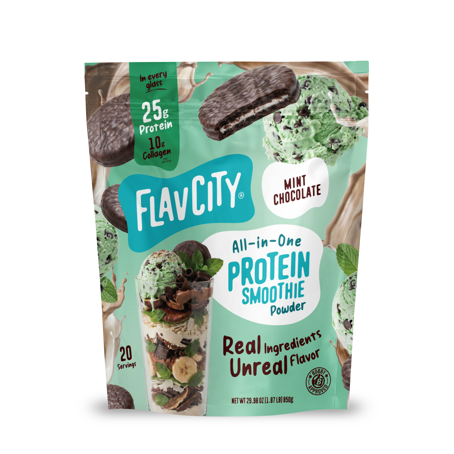A pouch of Shop FlavCity Mint Chocolate Protein Smoothie powder, featuring images of a chocolate mint cookie, scoops of mint chip ice cream, a glass of the blended drink, and mint leaves to highlight this grass-fed whey and collagen blend.