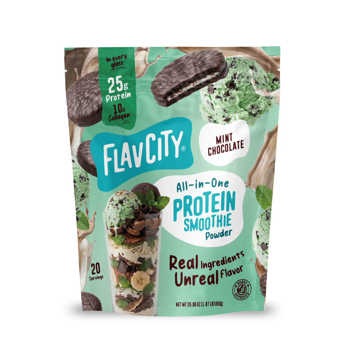 A pouch of Shop FlavCity Mint Chocolate Protein Smoothie powder, featuring images of a chocolate mint cookie, scoops of mint chip ice cream, a glass of the blended drink, and mint leaves to highlight this grass-fed whey and collagen blend.