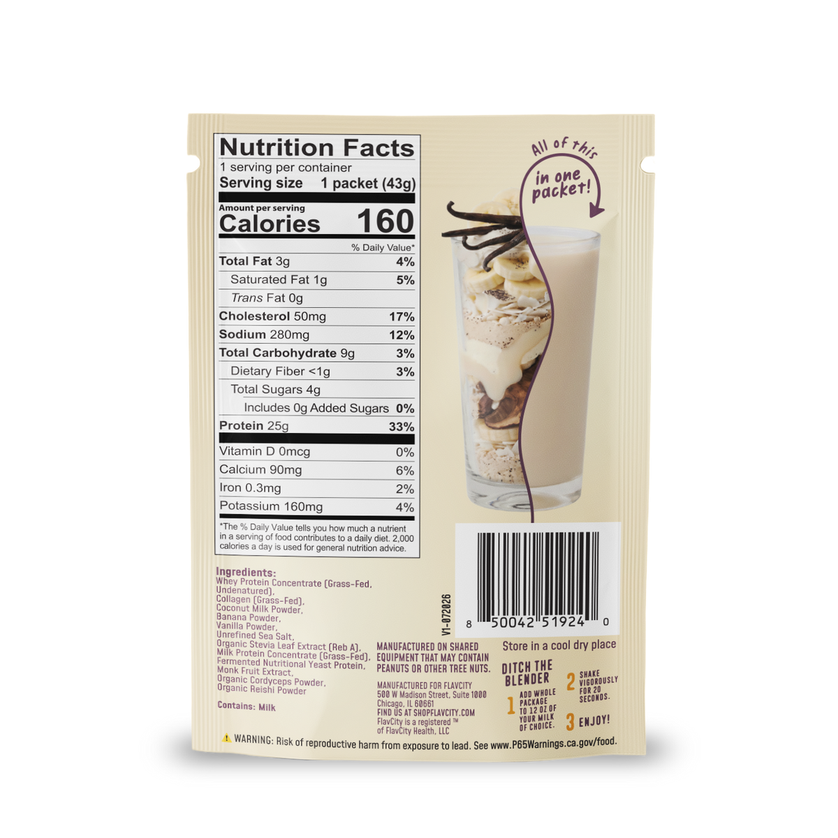 Shop FlavCity Protein Smoothie Single-Serve Vanilla Cream powder packet displaying a nutrition facts label, an ingredient list, and a graphic of a smoothie in a glass.