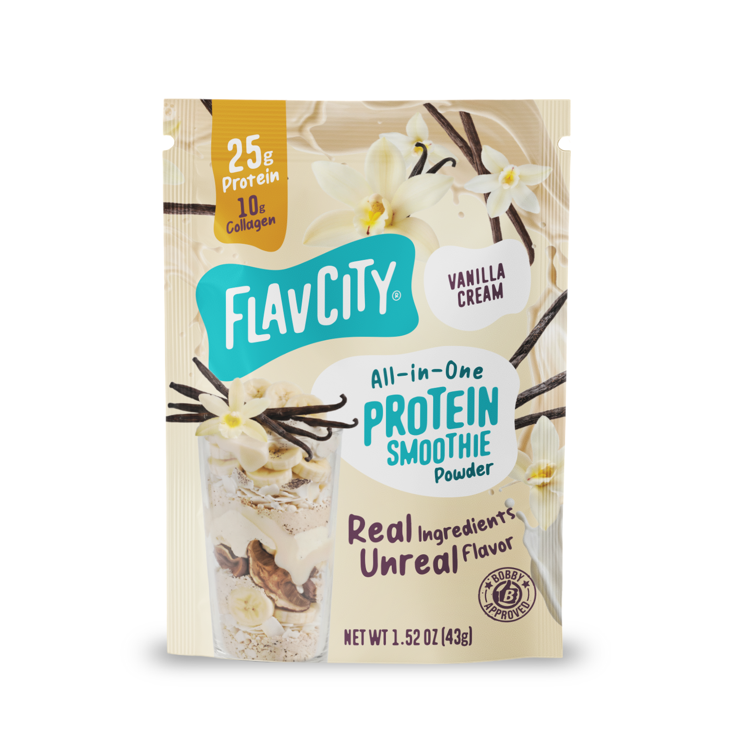 Shop FlavCity Protein Smoothie Single-Serve Vanilla Cream packet featuring vanilla flowers, vanilla beans, and a glass layered with sliced bananas and nuts.