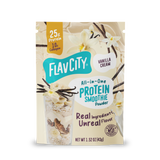 Shop FlavCity Protein Smoothie Single-Serve Vanilla Cream packet featuring vanilla flowers, vanilla beans, and a glass layered with sliced bananas and nuts.