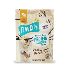 Shop FlavCity Protein Smoothie Single-Serve Vanilla Cream packet featuring vanilla flowers, vanilla beans, and a glass layered with sliced bananas and nuts.