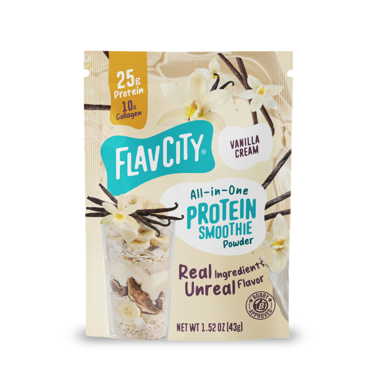 Shop FlavCity Protein Smoothie Single-Serve Vanilla Cream packet featuring vanilla flowers, vanilla beans, and a glass layered with sliced bananas and nuts.