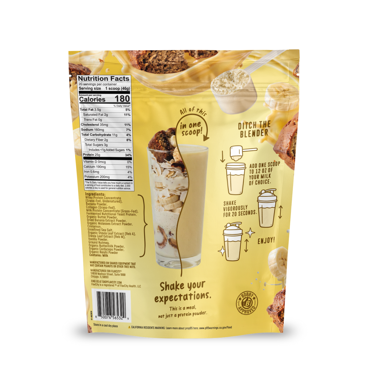 Back of a Shop FlavCity Banana Bread Protein Smoothie pouch showing nutrition facts, ingredients, and illustrated instructions for mixing one scoop of grass-fed whey and collagen into milk.