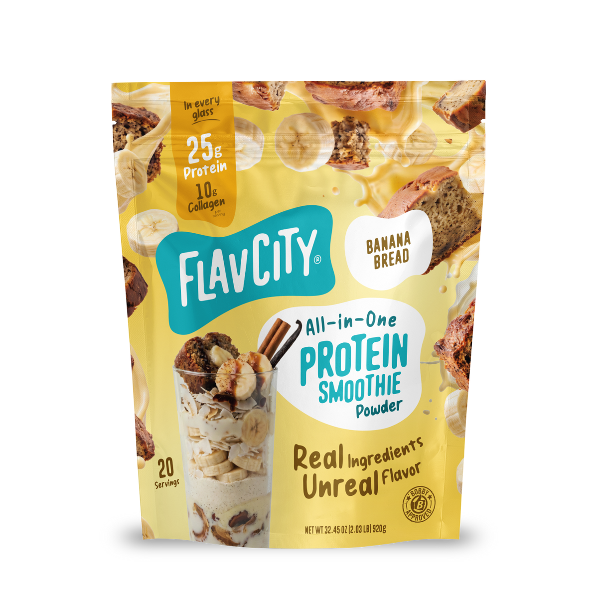 A yellow pouch of Shop FlavCity Banana Bread Protein Smoothie, featuring an illustration of the drink in a glass surrounded by banana slices and pieces of banana bread.