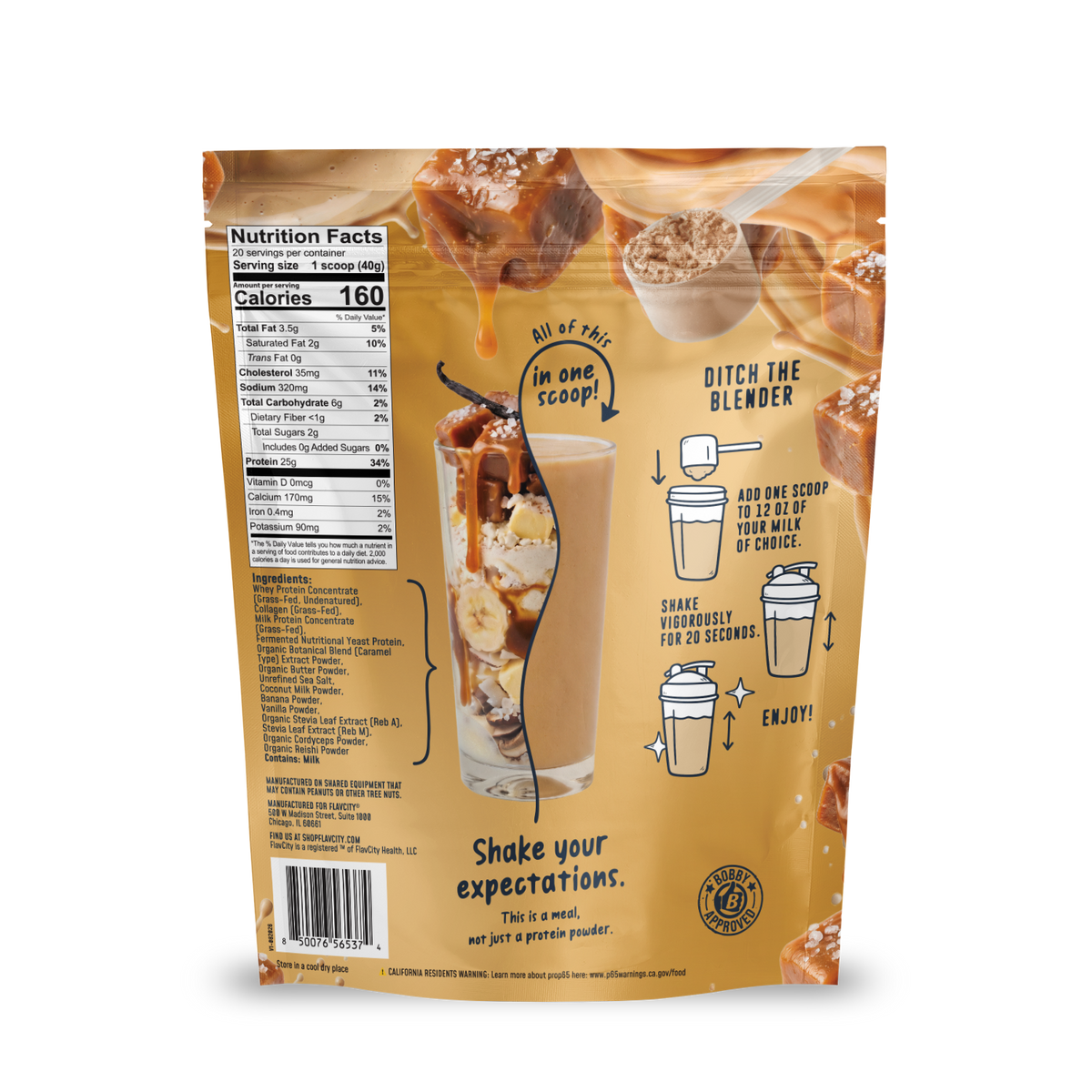 Back of a Shop FlavCity Salted Caramel Protein Smoothie pouch featuring a nutrition facts label, ingredient list, and illustrated instructions showing a scoop of grass-fed whey being mixed into a glass of liquid.