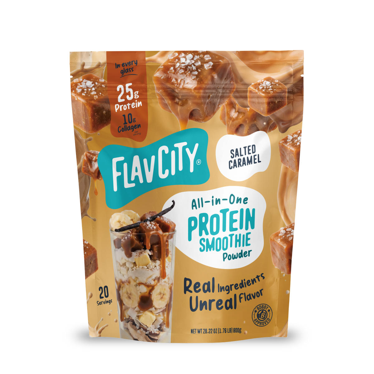 A pouch of FlavCity Salted Caramel Protein Smoothie powder featuring caramel cubes, a glass of smoothie, and text highlighting 25 grams of protein and 10 grams of collagen.