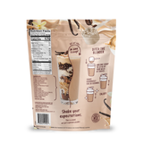 Back of a Shop FlavCity Vanilla Latte Protein Smoothie pouch showing a nutrition facts label, a cross-section of the smoothie, and step-by-step preparation instructions.