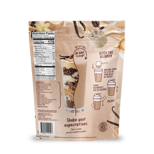 Back of a Shop FlavCity Vanilla Latte Protein Smoothie pouch showing a nutrition facts label, a cross-section of the smoothie, and step-by-step preparation instructions.
