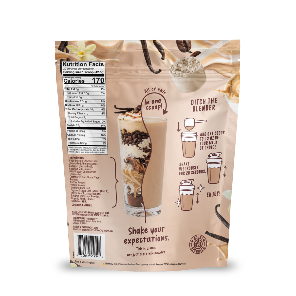 Back of a Shop FlavCity Vanilla Latte Protein Smoothie pouch showing a nutrition facts label, a cross-section of the smoothie, and step-by-step preparation instructions.
