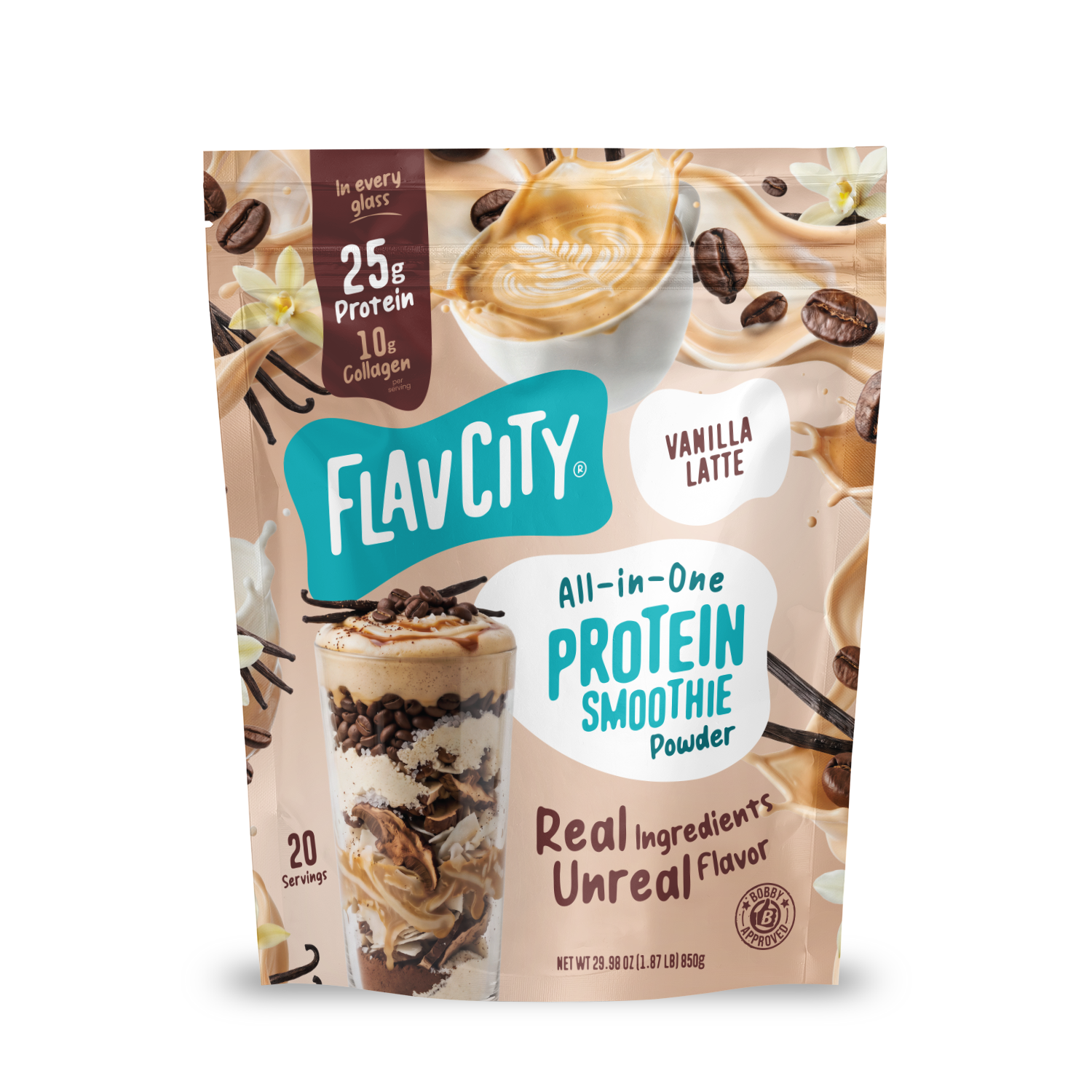 Pouch of Shop FlavCity Vanilla Latte Protein Smoothie powder featuring images of a latte and a layered smoothie, stating 25g of protein and 10g of collagen per serving.