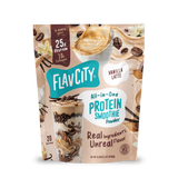 Pouch of Shop FlavCity Vanilla Latte Protein Smoothie powder featuring images of a latte and a layered smoothie, stating 25g of protein and 10g of collagen per serving.